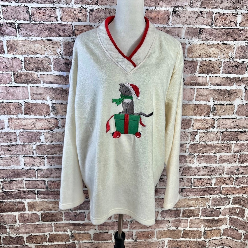 Bobbie Brooks Womens 3XL Christmas Cat Gift Box Fleece Pullover Top